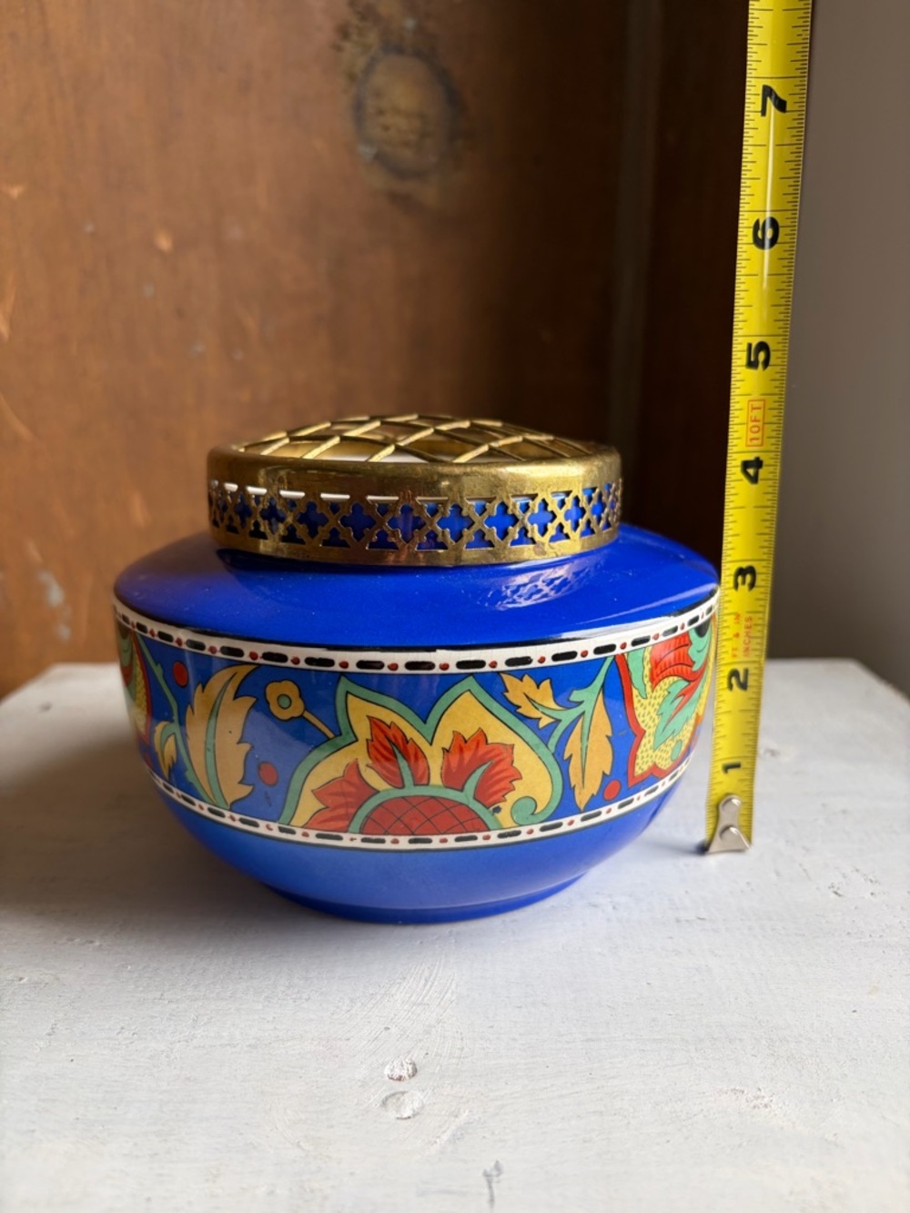 Vintage Blue Potpourri Jar with Brass Lattice Lid